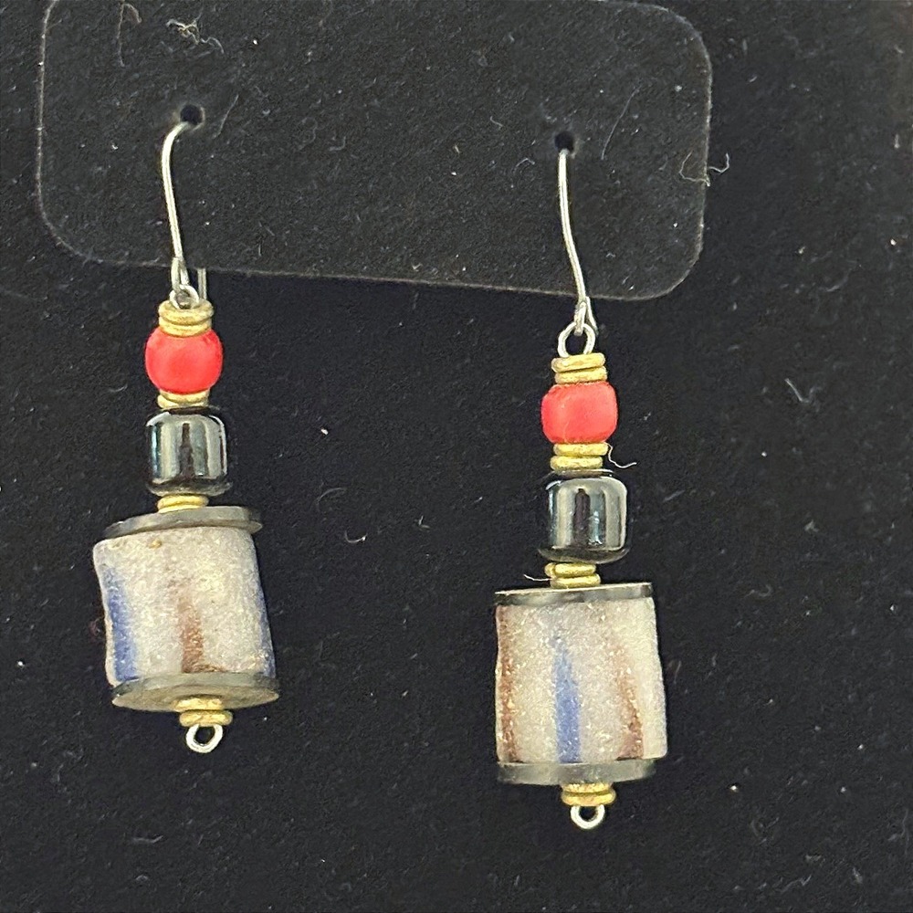 Artisan Boho Red Black Gray Cylinder Bead Drop Earrings Silver Tone Fishhook
